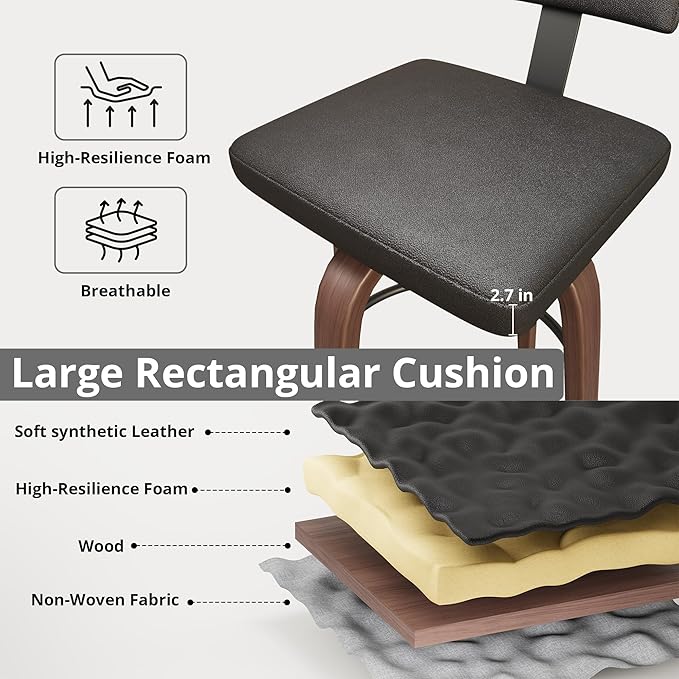 IRONCK Counter Height Bar Stools Set of 2, 29'' Faux Leather Upholstered Barstools with Back, Footrest, Wood Texture Bent Legs, Mid-Century Modern 360° Swivel Bar Stools for Kitchen Island, Black