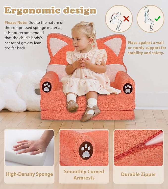 Kids Couch, 2-in-1 Soft Toddler Couch Fold Out with Blanket, Chair Comfy, Foldable Convertible Plush Sofa to Lounger, Gifts for Kids Girl Boys, Fox