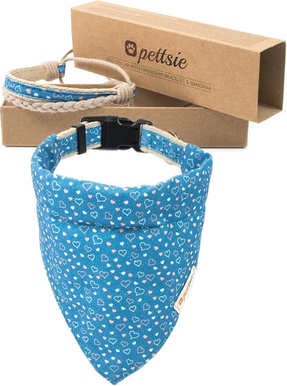 Pettsie Adjustable Dog Bandana Collar with Matching Owner Friendship Bracelet – Soft & Durable Hemp, Stylish Removable Scarf for Dogs, Gift-Ready Set for Pet Lovers, Medium, Blue
