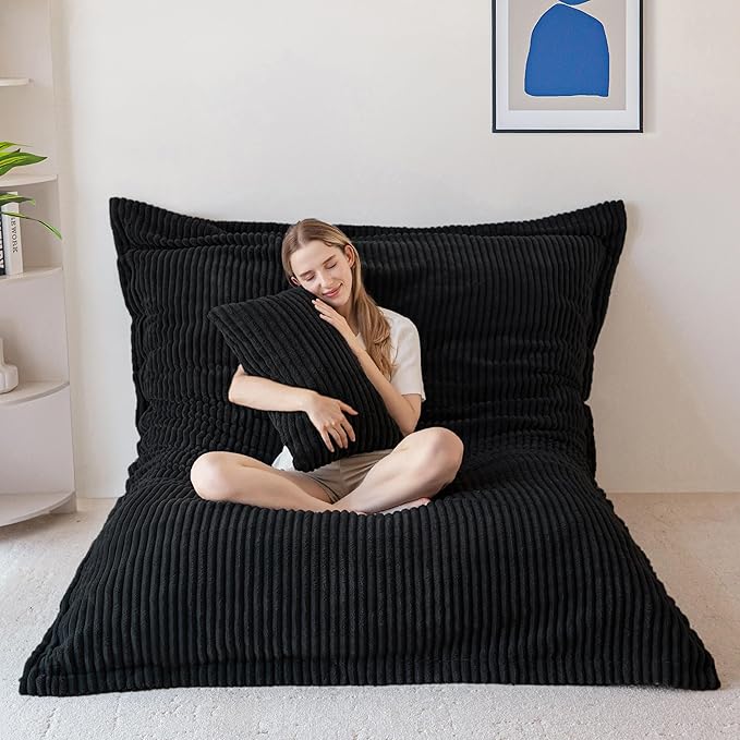 MAXYOYO Giant Bean Bag Chair with Pillow, 3 in 1 Convertible Bean Bag Chair for Adults with Washable Cover, Removable Floor Cushion Stuffed Floor Lounger for Living Room Bedroom, Black, Queen