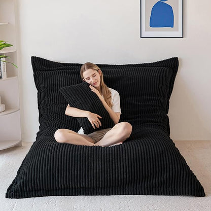 MAXYOYO Giant Bean Bag Chair with Pillow, 3 in 1 Convertible Bean Bag Chair for Adults with Washable Cover, Removable Floor Cushion Stuffed Floor Lounger for Living Room Bedroom, Black, Queen