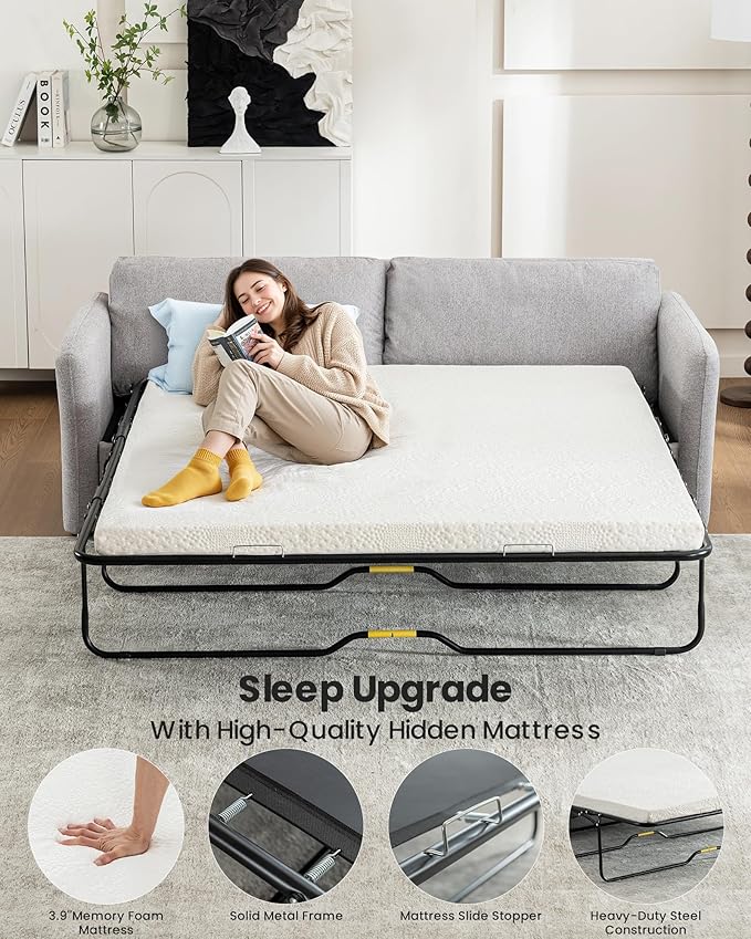 Queen Size Pull Out Sofa Bed, 2 in 1 Convertible Sleeper Sofa Couch with Pullout Bed, Memory Foam Mattress for Living Room Office, Space-Saving, Light Grey