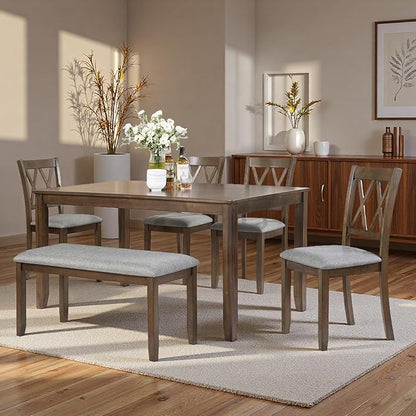 Dining Table Set, Wooden Kitchen Table Set with Rectangular Table, 4 Vertical X Backrest Upholstered Chairs & a Bench, Table and Chairs with Non-Slip Feetmats for 6 People, Living Room, Walnut