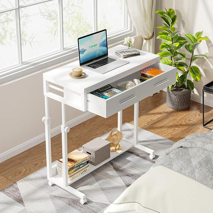 Tribesigns Portable Desk with Drawers, Mobile Laptop Desk with Wheels, Sofa Side Table Bed Desks, Small Standing Desk for Home Office (White)