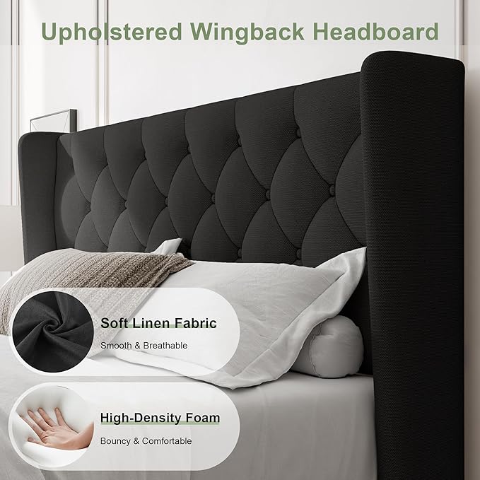Feonase Full Size Bed Frame with Upholstered Wingback Headboard,Button Tufted Platform Bed and Heavy Duty Wooden Slats Support,Easy Assembly, Noise-Free,No Box Spring Needed, Black