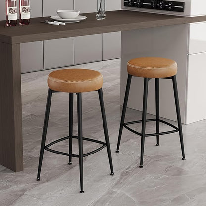 Counter Height Bar Stools, 26" H Backless Bar Stools Set of 8, Upholstered Faux Leather Kitchen Counter Stools, Mid Century Modern, Kitchen Island Home Bar, Pub, Caramel Brown