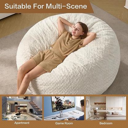 Hobestluk 5ft Bean Bag Chairs for Adults Large Beanbag Chair with Chevron Plush Fur Cover Big Bean Bag Chair for Living Room Bedroom Dorm Office - White (50” x 50” x 24”)