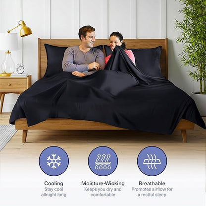 Kickoff Viscose Bamboo Sheets Full Size 4-pc 100% Organic Bamboo Viscose Bed Cooling Sheets Full Size Set Cool Bedding for hot Sleepers Sheet, Flat, Fitted, Pillowcases (Onyx Black, F)