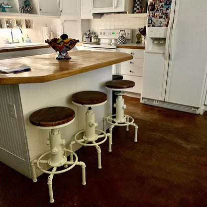Topower Aged Antique Vintage Industrial Barstool Solid Wood Water Pipe Fire Hydrant Design Cafe Coffee Industrial Bar Stool Set of 2 Antique White