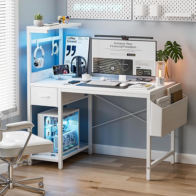 Gaming Desk 47 Inch with Power Outlet and LED Light, Computer Desk with Reversible Shelves and Storage Drawer, Pc Small Desk for Home Office Table with Bag, Carbon Fiber White
