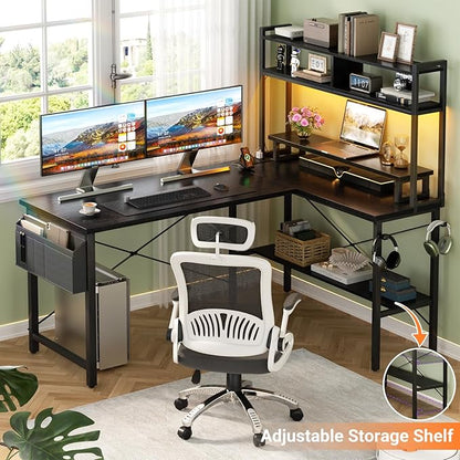 Aheaplus L Shaped Gaming Desk with Power Outlets & LED Lights, Small L- Shaped Desk Computer Corner Desk with Monitor Stand & Storage Shelf, Home Office Desk Writing Desk with Storage Bag, Black