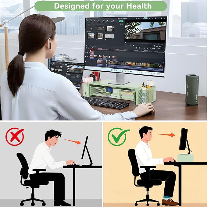 Computer Monitor Stand Riser with Drawer and Pen Holders, Desk Organizer Shelf and Accessories, Office Desk Accessories, Office Organization, Green