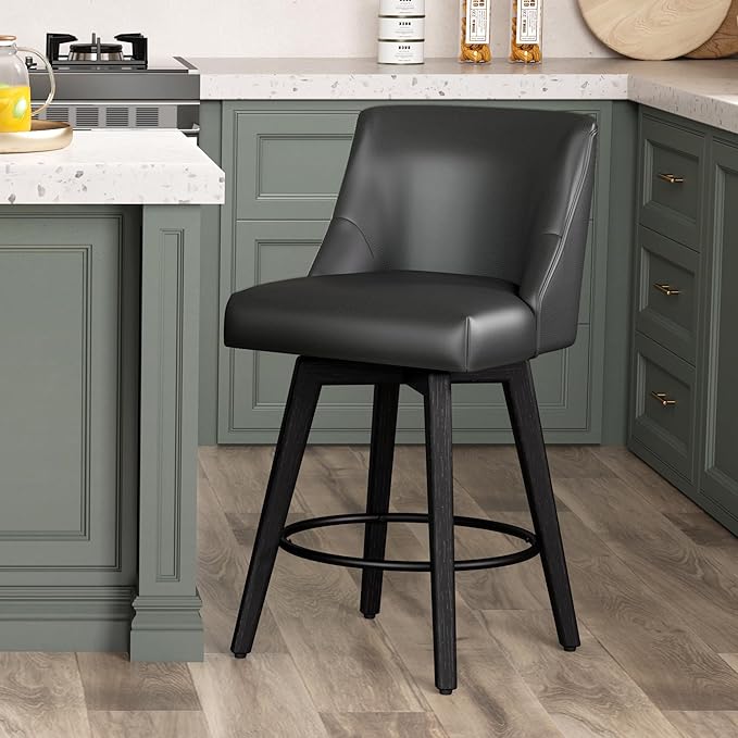 Counter Height Bar Stool, Modern Swivel Barstools with Back and Wood Leg, Faux Leather Upholstered Counter Height Stool, 26" H Kitchen Counter Stool, Kitchen Island Home Bar, Black Grey