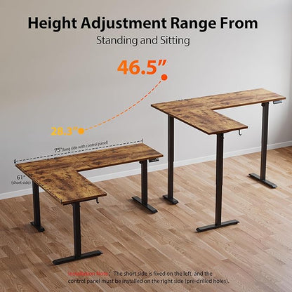Agilestic L-Shaped Standing Desk Adjustable Height, Electric Corner Standing Desk, Sit Stand Up Desk, 75x61 inch Sit Stand Computer Table, Rustic Brown