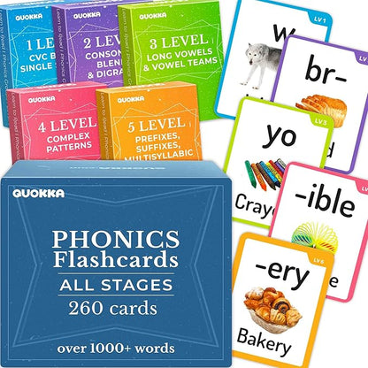 QUOKKA 1000+ Phonics Words Flash Cards for Kids Ages 4-8 – 20 Reading Stages – 260 Card Games for Kids Ages 3-5 and 6-8 – Learn to Read Games & Phonics Manipulatives for Complete Phonemic Awareness
