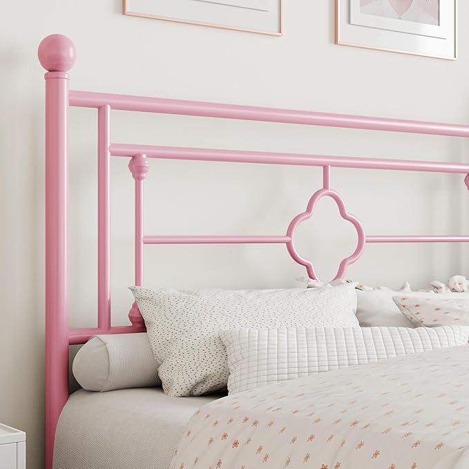 SHA CERLIN 14 Inches Full Size Metal Platform Bed Frame/Vintage Iron-Art Headboard and Footboard/Mattress Foundation for Storage/No Box Spring Needed/Noise-Free/Easy Assembly/Pink