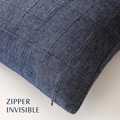 Foindtower Set of 2 Decorative Linen Check Throw Pillow Covers Neutral Farmhouse Lumbar Cushion Covers Modern Boho Home Decor for Sofa Chair Couch Bedroom Living Room Outdoor,12×20 Inch,Navy Blue