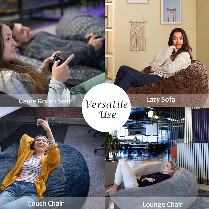 BCU 6FT Bean Bag Chair for Adults and Kids Without Filler Giant Stuffed Animal Storage Cover Soft Faux Fur Floor Chair Cover for Bedroom Living Room, Blue