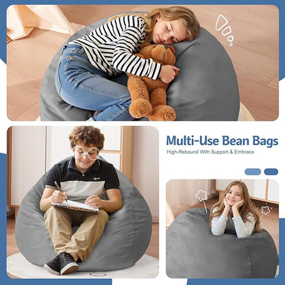 Homguava 2FT Bean Bag Chair: 2' Bean Bags with Memory Foam Filled,Comfy Beanbag Chairs Round Bean Bag Sofa with Dutch Velvet Cover-Light Grey
