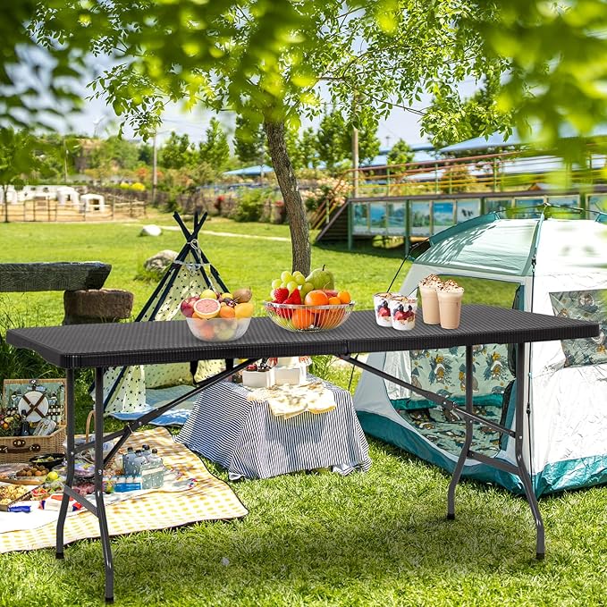 BestOffice Outdoor Folding Camping Table Plastic Table Portable Square Height Dining Table Perfect for Picnics,Parties,Party and Camping,Black Ratten