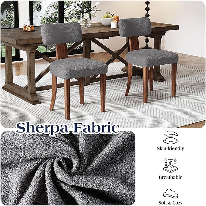 Farmhouse Chair Set of 4, Mid Century Modern Dining Chairs, Sherpa Upholstered Kitchen Chairs with Curved Backrest & Adjustable Legs for Living Room/Bedroom, Easy to Install, Grey Sherpa