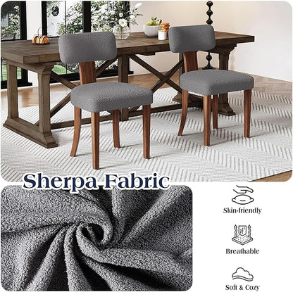 Farmhouse Chair Set of 4, Mid Century Modern Dining Chairs, Sherpa Upholstered Kitchen Chairs with Curved Backrest & Adjustable Legs for Living Room/Bedroom, Easy to Install, Grey Sherpa