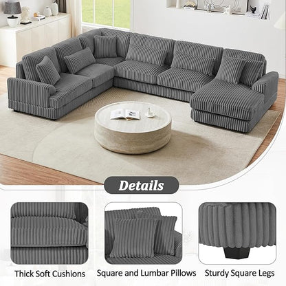 129" Oversized U Shaped Modular Sectional Sofa Couch for Living Room 7 Seater Plush Corduroy Upholstered Large Sofa Deep Seat Cloud Couch with Extra Wide Chaise Lounge and Detachable Thick Cushions