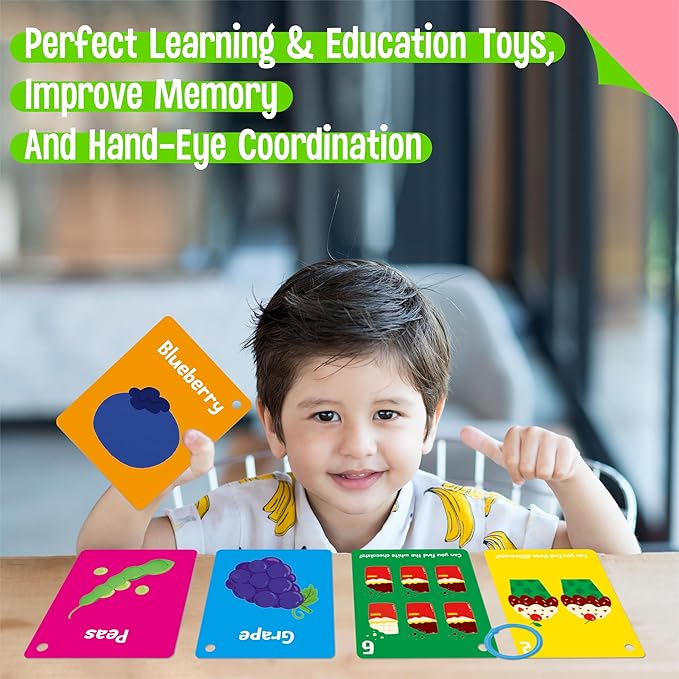 Food Flashcards, 50 Double-Sided Cards, Veggies, Fruits, Snacks, Desserts, Grain Cards Educational Learning Tools for Preschool and Toddlers Learning (2 Reclosable Rings Attached)