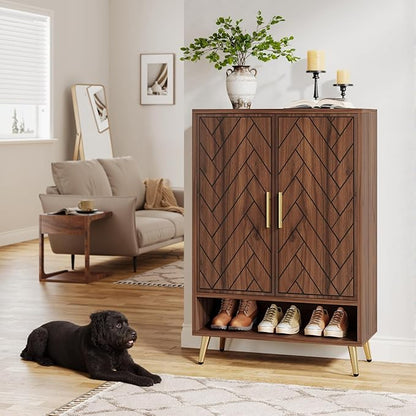 Tribesigns Entryway Shoe Cabinet with Doors, 6-Tier 24 Pairs Wooden Shoe Storage with Adjustable Shelves and Gold Legs for Living Room, Bedroom (Walnut)