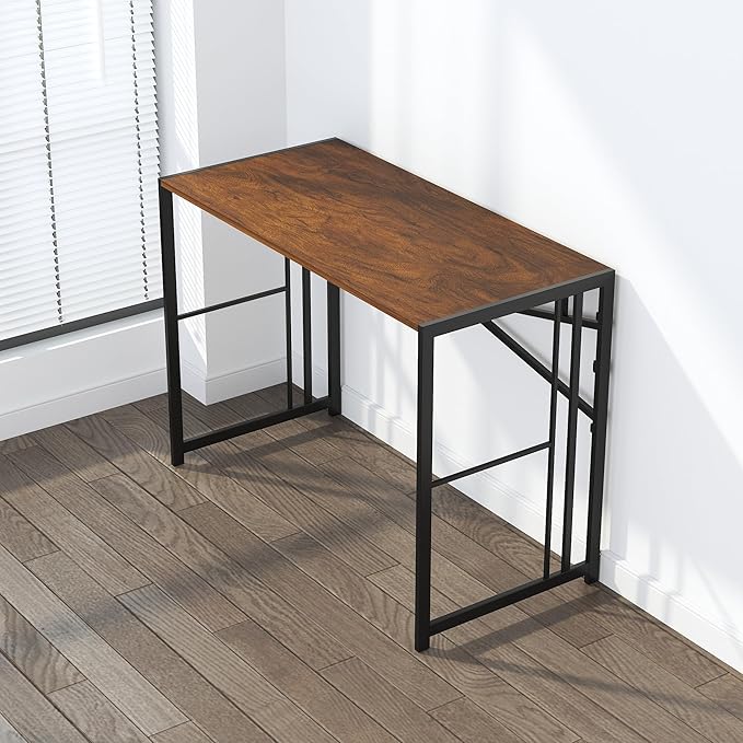 35 inch Folding Small Desk, Writing Gaming Computer Camping Desk for Small Spaces, No Assembly Required Home Office Table, Mahogany
