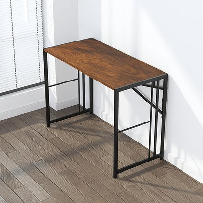 35 inch Folding Small Desk, Writing Gaming Computer Camping Desk for Small Spaces, No Assembly Required Home Office Table, Mahogany