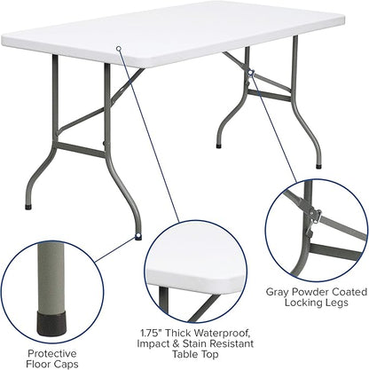 Flash Furniture Elon 5' Rectangular All-Occasion Plastic Folding Event Table, Foldable Portable Banquet Table for Indoor/Outdoor Events, White