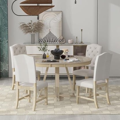 Ball & Cast 5 Piece Dining Table Set with 4 Upholstered Chairs,Living Room Furniture W/ 42" Table,Tabletop Can be Adjusted from Round to Oval in Shape,for Restaurant,Home Bistro,Natural