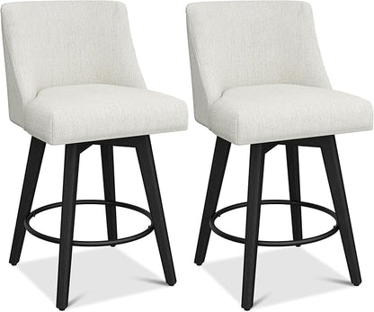 Counter Height Bar Stools Set of 2, Modern Swivel Barstools with Back and Wood Legs, Linen Fabric Upholstered Counter Height Stools, 26" H Kitchen Island Stools, Home Bar, Pub, Ivory