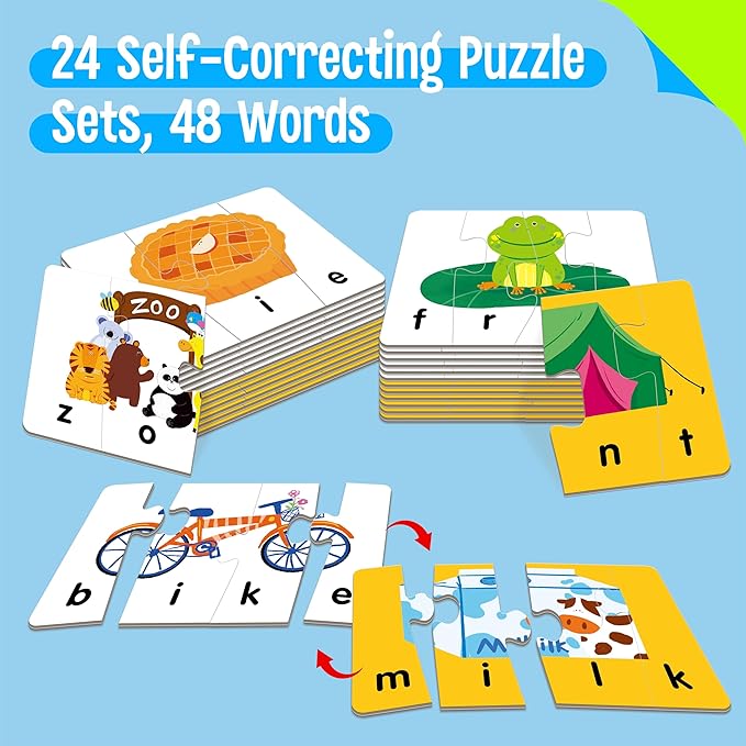 Self-Correcting Spelling Puzzles, Double-Sided Three and Four-Letter Word Spelling Cards with Picture Matching, 48 First Words Learning for Kindergarten Readiness, Preschool Ages 4+