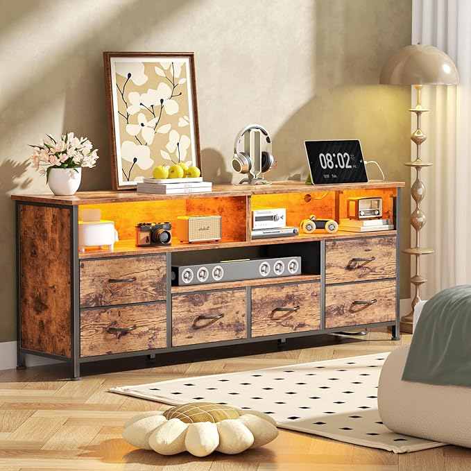 Furologee 55" LED TV Stand for Bedroom with Power Outlets, Entertainment Center with 6 Fabric Drawers for 50/55/60 inch TVs, Dresser TV Stand Long Console Media Table for Living Room, Rustic Brown