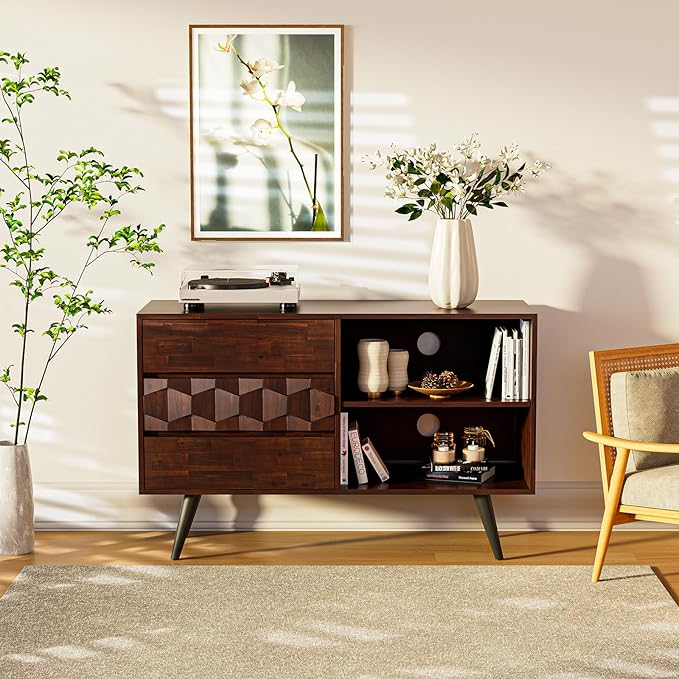 Bme Georgina 45 Inch Solid Wood TV Stand, Under 10 Minutes Assembly Entertainment Center with Storage, Geometric Pattern TV Console for Living Room, Bedroom, Dinning Room - Walnut