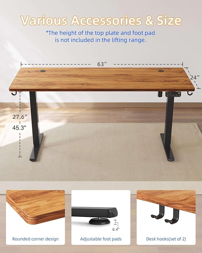 YIHAYO Electric Standing Desk, 63 x 24 Inches Stand Up Desk with Splice Board, Adjustable Height Desk, Computer Desk for Home Office, Black Frame/Rustic Brown Top