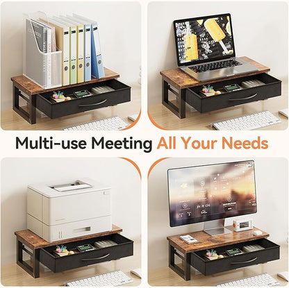 Computer Monitor Stand Riser with Drawer, 2-Tier Desk Accessories & Workspace Organizers, Laptop Stand for Desk with Storage, Office Organization, Wood
