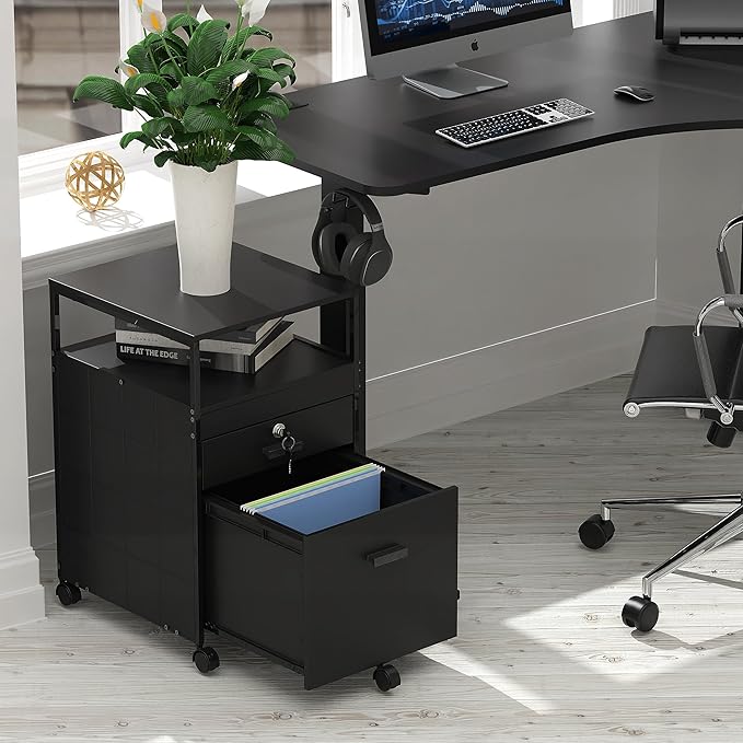 SHW Box File Rolling Mobile Cabinet with Open Shelf and Lockable Drawer, Black