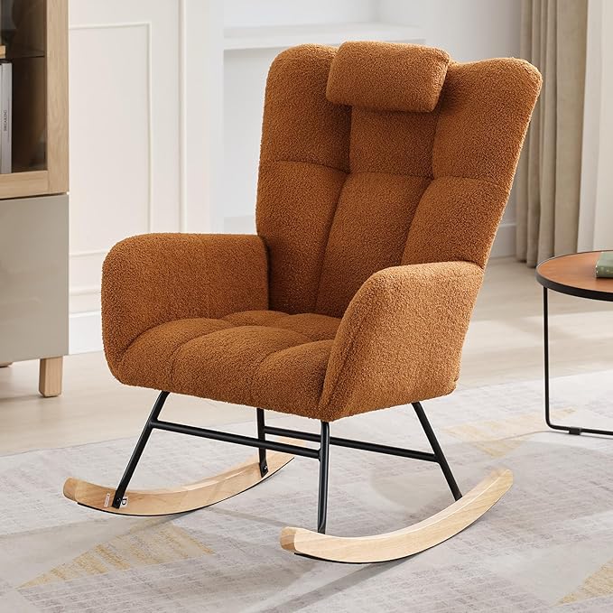 Nursery Rocking Chair,300Lb Glider Chair with Wood Legs/Two Side Pockets,Teddy Upholstered Glider Rocker with Padded Seat High Backrest for Living Room/Bedroom/Nursery