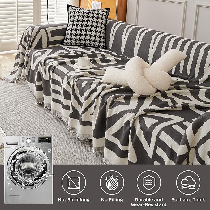 STACYPIK Thick Chenille Boho Sofa Cover Dark Grey Jacquard Geometric Sofa Cover for 1 Cushion Couch L Shape Cover Dog Sofa Protector Non Slip Pet Protector Covers Reversible Sofa Covers-71X71IN