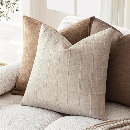 Foindtower Set of 2 Decorative Linen Check Throw Pillow Covers Neutral Farmhouse Vintage Cushion Covers Modern Boho Home Decor For Sofa Chair Couch Bedroom Living Room Outdoor,26×26 Inch,Natural Linen