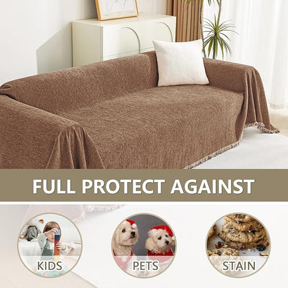 MYSKY HOME Loveseat Cover Camel Couch Cover Sectional Couch Covers for 2 Cushion Couch Sofa Thick Universal Chenille Sofa Cover with Tassel Durable Furniture Protector for Dogs 91" x 118"