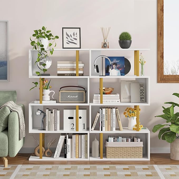 Yusong Geometric Bookcase, S Shaped Bookshelf 4-Tier Book Shelves for Bedroom, Modern Wood Decorative Display Shelf Tall Book Case for Home Office, Gold and White