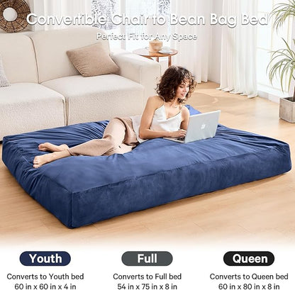 Bean Bag Chairs for Adults - Giant Bean Bag Chair Convertible Bean Bag Bed - Beanbag Chair with Micro Fiber Cover/Furniture Foam Filler - Floor Couch Sofa in Bedroom Dorm Room - Full Navy Blue