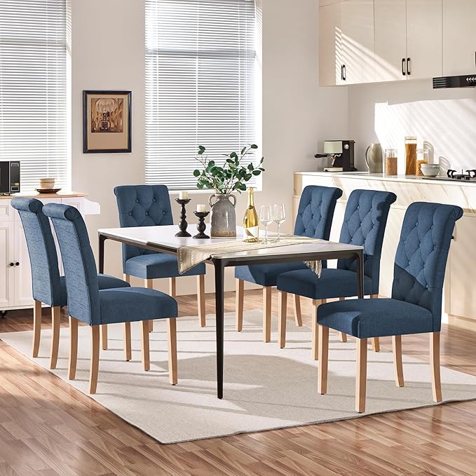 Yaheetech Dining Chairs Set of 6 Fabric Upholstered Dining Room Chairs with Button Tufted High Back and Solid Wood Legs for Kitchen/Living Room/Restaurant, Modern Style, Blue
