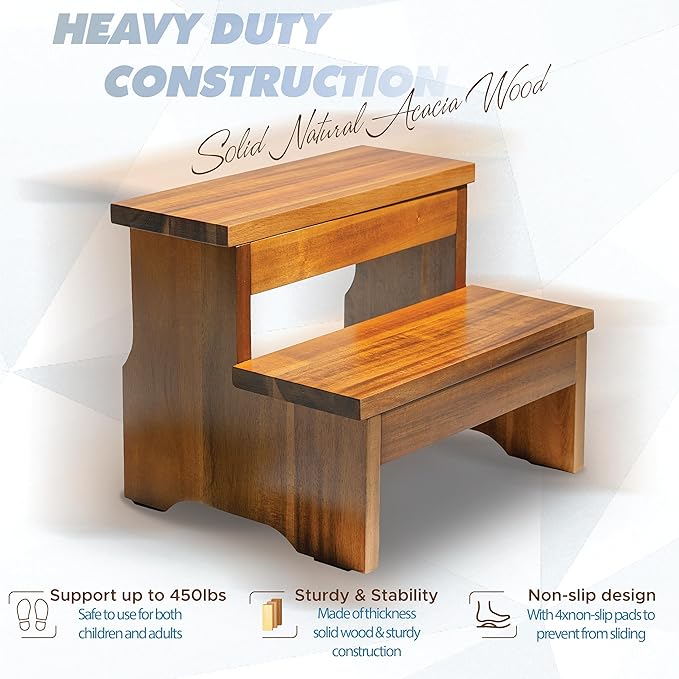 Wooden Two Step Stool, Heavy Duty 2-Step Ladder for Adults & Kids, Supports up to 450lbs for Kitchen, Bathroom or Bedside Use (Acacia Wood)