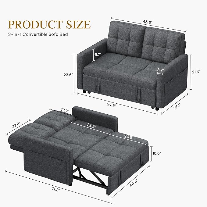 DWVO 55" Convertible Sofa Bed, 3-in-1 Sleeper Sofa with Pull-Out Bed, Linen Futon Couch with Adjustable Backrest and Side Pocket, Modern Loveseat for Living Room Apartment, Grey