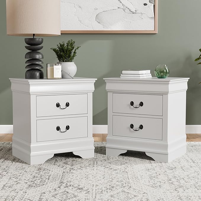 Furniture of America Arabella Traditional Solid Wood Nightstands Set of 2, Bedside Table with Drawers and Antique Nickle Handles, No Assembly Wooden Night Stands for Bedrooms, Guest Room, Dorm, White